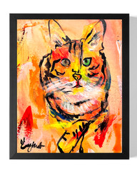 Guajardo Original Art: Kitty Tabby Cat 14X11 Canvas Signed Expressionism