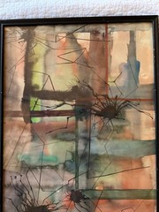 Vintage abstract PAINTING original watercolor the Basement creepy spiders