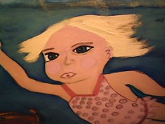 Beautiful Old Florida Inspired Painting Girl Underwater Manatee Sea Life Surreal