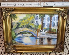 Signed J. Allen Watercolor on Canvas Painting Gold Ornate Frame Canal w/ Bridge