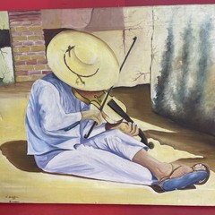Vintage Oil Painting J. Santoyo 1980 Mexican Folk Art Violin Player