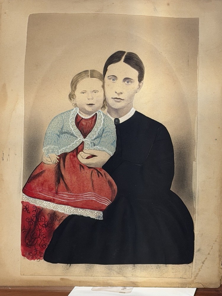Antique 1864 Folk Art Portrait Mother & Child Hand Colored Photo Riggal Cliff