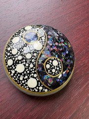 Hand Painted Yin Yang Paperweight Resin Art Stone Signed Karo 2019 Dot Paint