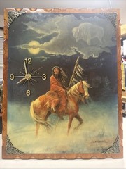 T5- Vintage Wood Wall Art Native American On Horse Old West With Clock