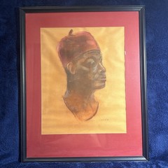 MCM 1970s Pastel Portrait African Man W/ Red Fez Large Original Framed Painting