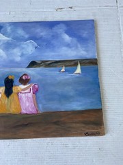 Art Original Oil Painting Size 18”Tall X 20” Wide. Ocean scenery with four girl