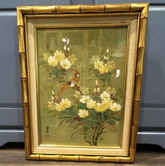 Asian-Style Watercolor on Cork, Bird & Flowers Painting – Bamboo Frame