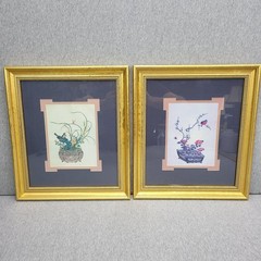Vintage Asian Botanical Bird Prints Gold Frames Pair Chinese Floral Garden Wall