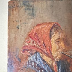 A. Bryan Wall Oil Painting Portrait Old Woman Smoking Pipe Wood Panel Pittsburgh