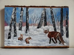 Hand Painted Fox & Babies In Winter Scene On Live Edge Basswood By Phyllis