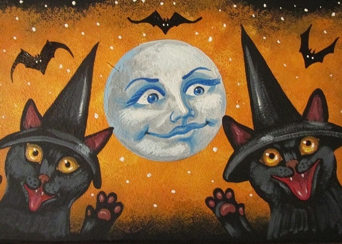 ACEO PRINT OF PAINTING RYTA HALLOWEEN VINTAGE STYLE BLACK CAT WITCH BAT MOON ART