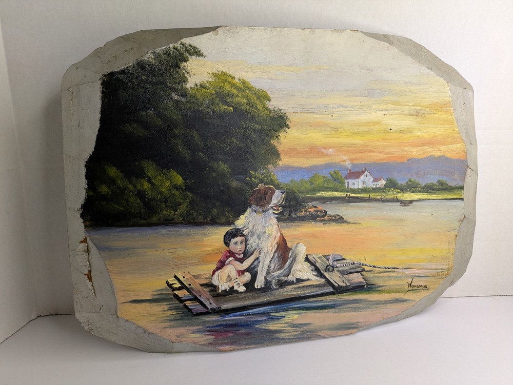 Vintage Minnie Wonsmos Boy & St. Bernard Dog On Raft Oil Painting On Wood Signed