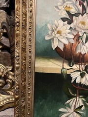 Victorian Aesthetic Water Lily Floral Still Life Oil Painting Gilt Gesso Frame