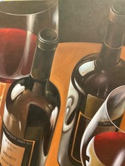 UNSTRETCHED Oil painting 36×48” Realistic red wine bottles, glasses, Riesling