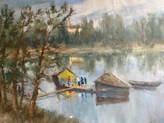 Oil painting signed Harbor Pier Boats Probably Asia River Bank 1986 Stamp Frame