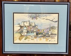 Orig. WC painting of the skyline of Salzburg, Austria, Hohensalzburg Fortress