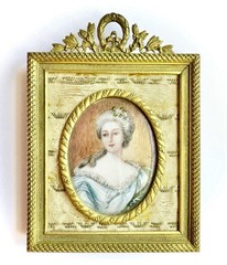 Rare 19th C. French Hand Painted Miniature Portrait Gold Gild & Tapestry Frame