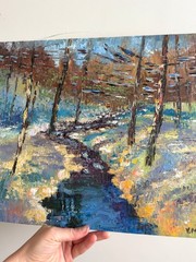 Impressionist Winter Landscape Oil Canvas Painting 16×13 inch Modern Impasto Art