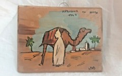 AFRIQUE DU NORD 1943 SMALL PAINTING ON WOOD ARTIST SIGNED CAMEL AFRICA PROVINCE