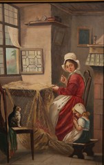 Antique Possibly American Vermeer Inspired Mother Daughter and Cat Genre Scene