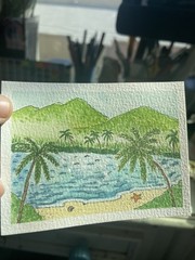 ACEO Tropical Island Palm Coconut Trees Ocean Water Landscape Watercolor Beach