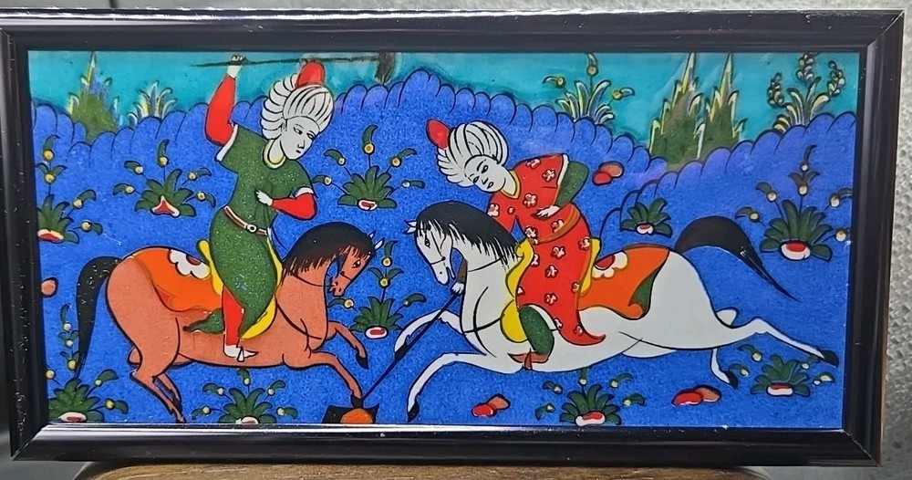 Turkish Art Tile Fighting On Horseback Blue Background Framed 4″ X 8″