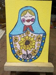ACEO Original, Signed, Russian Nesting Doll, Yellow Artist; one anxious Lady