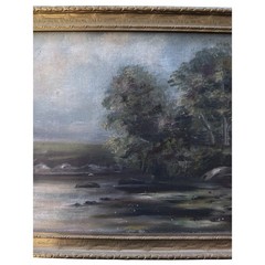 1912 Painting B – Water Boat w Man Stone Bridge Clouds Landscape Low Light 20×10