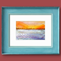 Lakescape At Sunset Original Impressionist Watercolor 5×7 Cotton Artist Signed