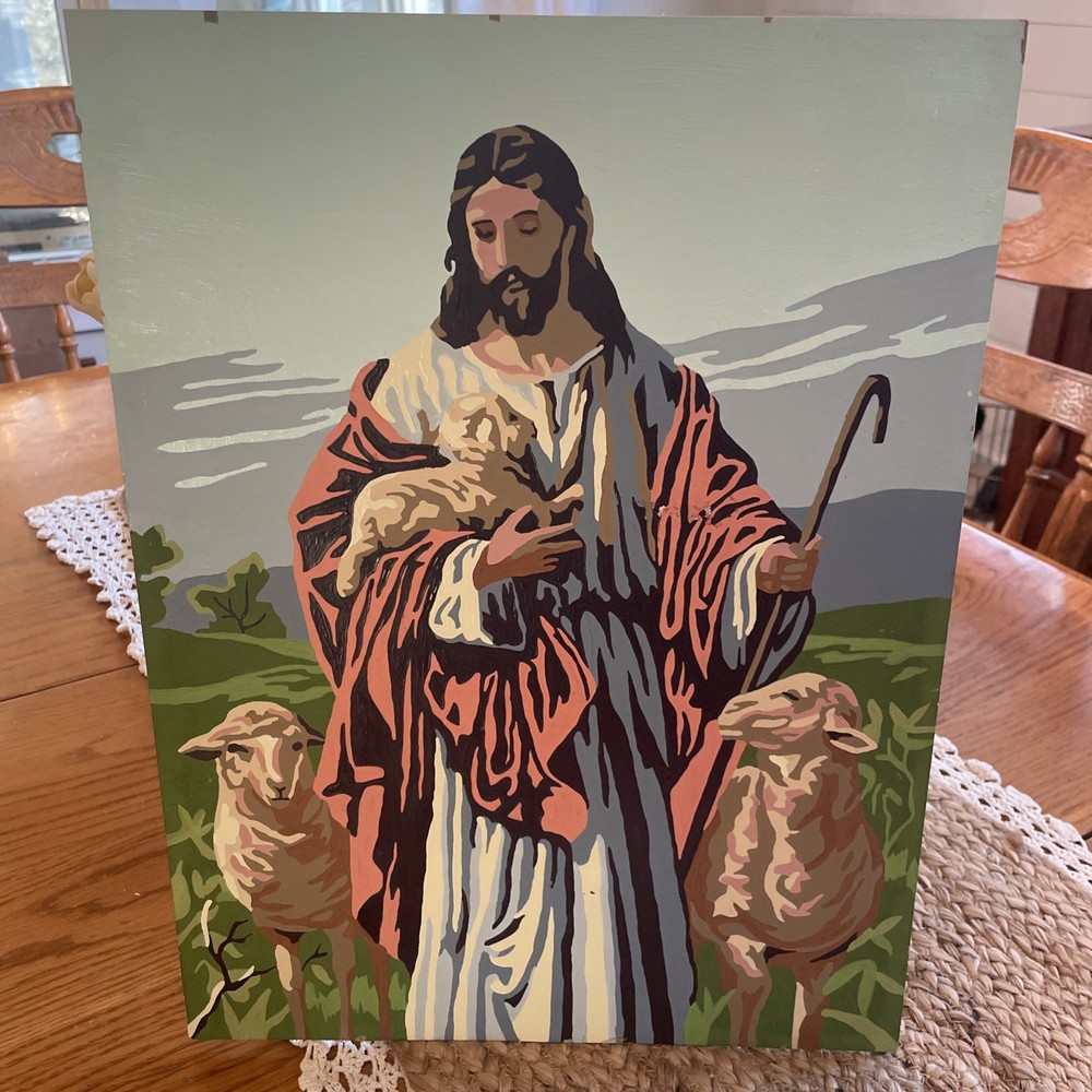 Jesus Good Shepherd Painting Paint-By-Number Completed 12×16” Unframed Vintage