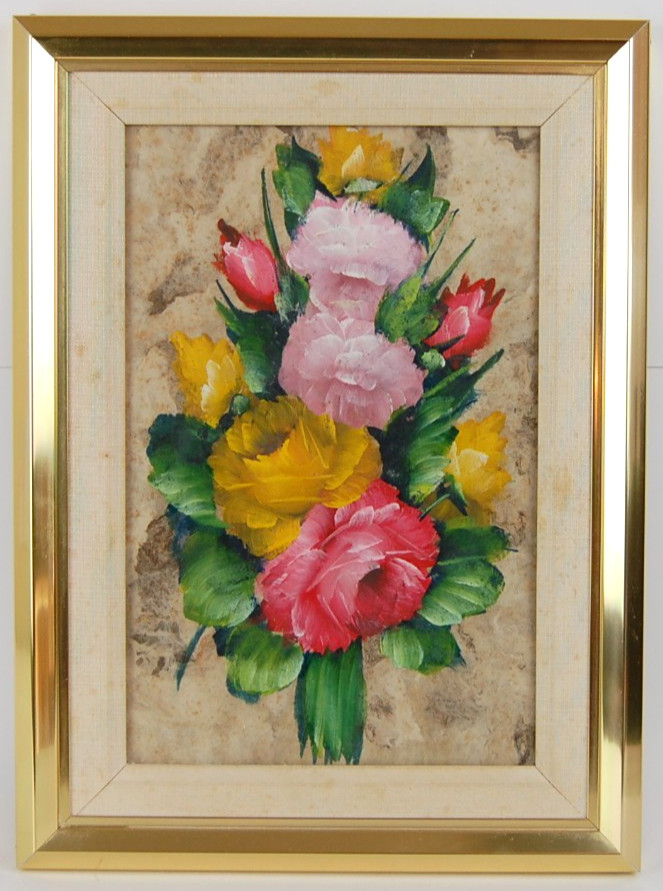 Vtg 60’s Original Oil Painting on Craft Paper „Pastel Flowers Bouquet I“ 7.5X12