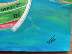 Original Mykonos Greece Boat Painting Acrylic on Canvas Signed Vytas 16×20 Art