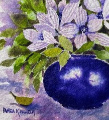 Pamela Wilhelm Watercolor 5”x7” Of Cobalt Violet Vase With Flowers Green Leaves