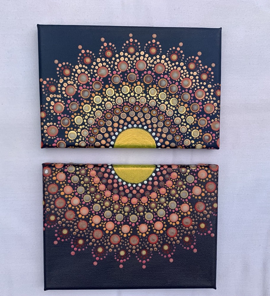 Diptych – Mandala Flower Canvas Acrylic Paintings – Original Art By E. Glenn