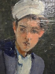 Mid Century Soviet Oil Painting Romantic Couple on Terrace Vintage