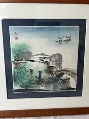 Vintage Asian Bridge River Painting On Rice Paper Signed Stamped 12×12