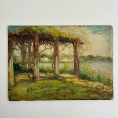 O/B Post Impressionist Painting of Scenic River Scene With Vine Covered Pergola