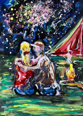 ORIGINAL ACEO Painting CAMPING Tent PEOPLE Fire Firework Love Night Star ATC ART