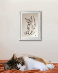 ORIGINAL PENCIL SKETCH 12×16 CUTE CAT ABSTRACT WALL ART HAND DRAWN ON PAPER