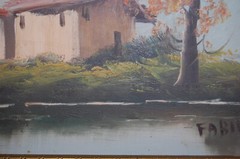 VINTAGE 1940-50’S FRAMED ORIGINAL OIL RUSTIC HOUSE AND RIVER SCENE ARTIST: FARID