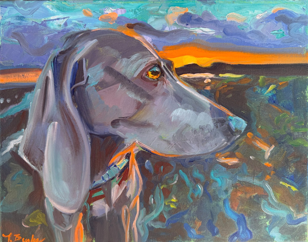 Blue Weimaraner Original Oil Painting Dog Portrait „Last Light“ OOAK 11×14