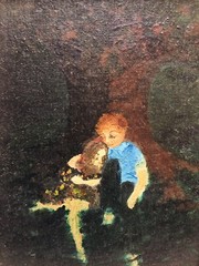 Original Oil Painting Boy & Girl Under Tree 9×12 Canvas Board in Frame Unsigned
