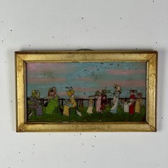 Vintage Glass Painting Of Nursery-Rhyme Like Theme With Children & Adult Outside