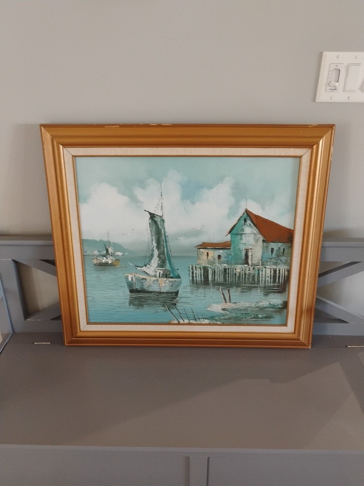 Original John Luini Oil On Canvas Painting Sail Boat New England Fishing Harbor