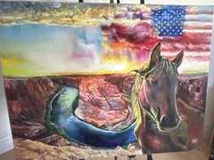 Signed Expressionist Horse Canyon River Sunset Landscape Painting, Unframed