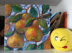 Original Oil Painting Pears on tree on Canvas Board 25x25cm Signed Art
