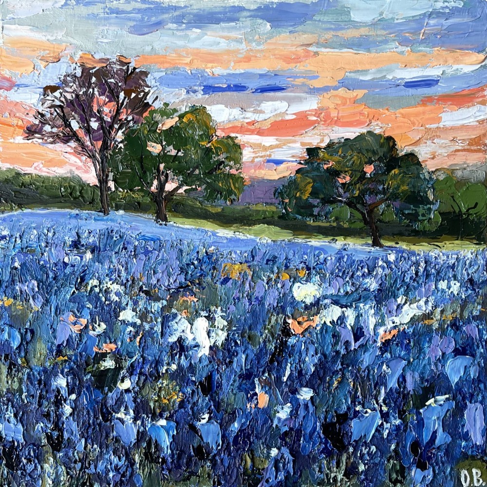 Bluebonnets Painting Original Art Impasto Oil Painting Texas Landscape 10×10″