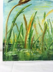 16 x 20 Oil Painting Kingfisher Bird w Fish Stream Cattails Trees Clouds signed