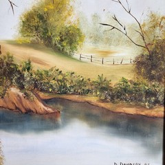 Original D Davidson Oil Painting Landscape Trees Lake Framed 19×23 Vintage Art