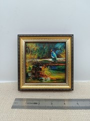 Original Bird Painting Signed 4×4 Gold Inset Frame Bluebird Forest Stream Gift